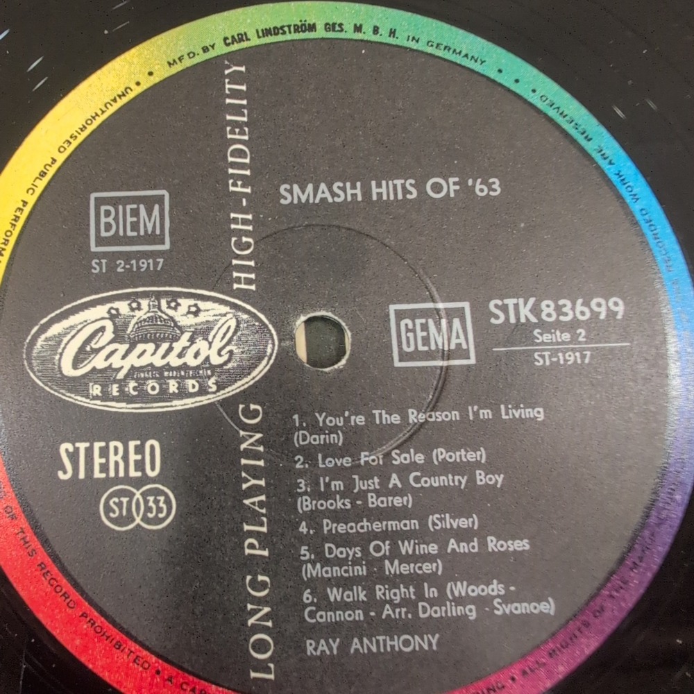 Ray Anthony Smash Hits of '63 Vinyl LP Capitol STK 83699 German Import Jazz Pop - Picture 4 of 6